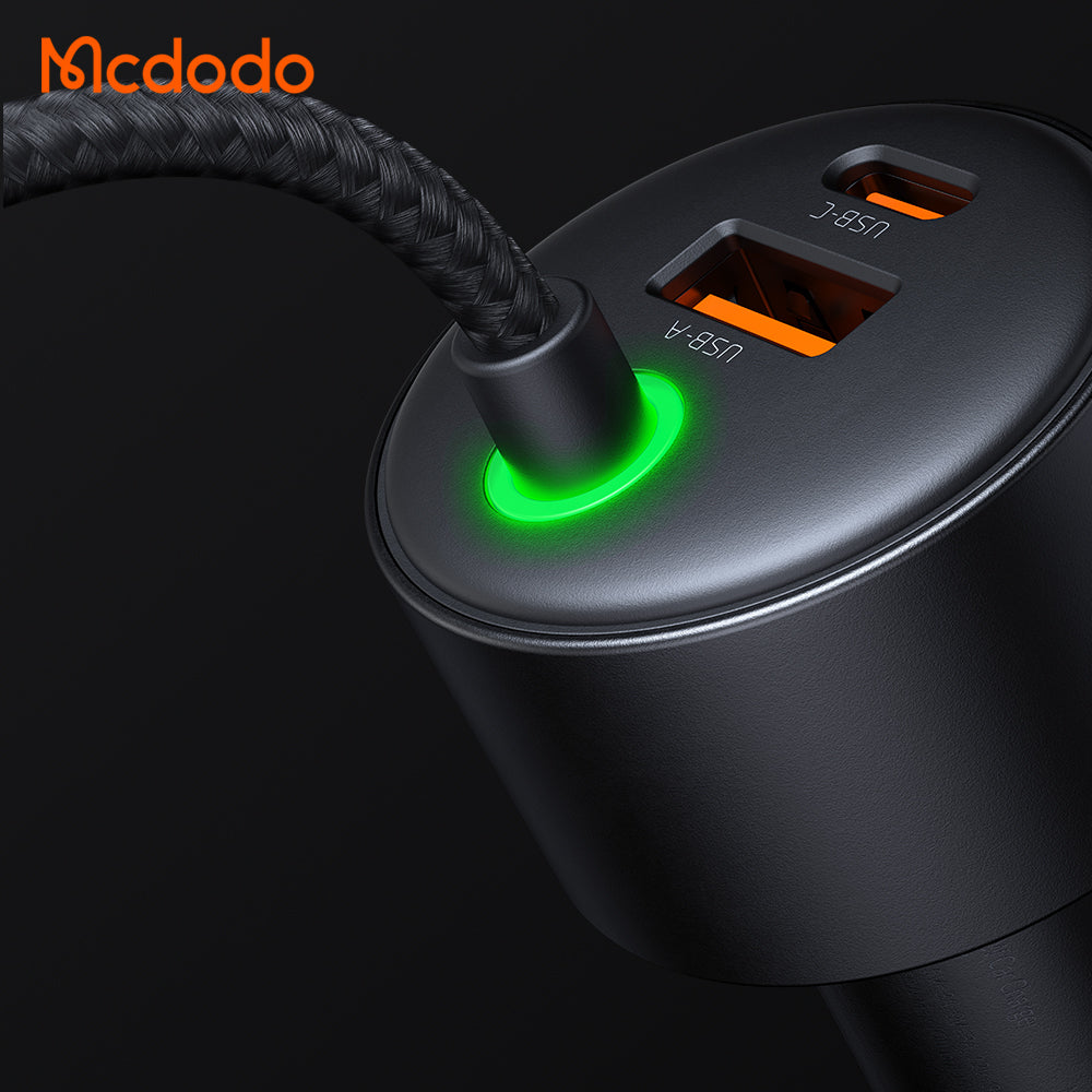 120W 1C+1A Car Charger with USB-C  and Lighting retractable cables