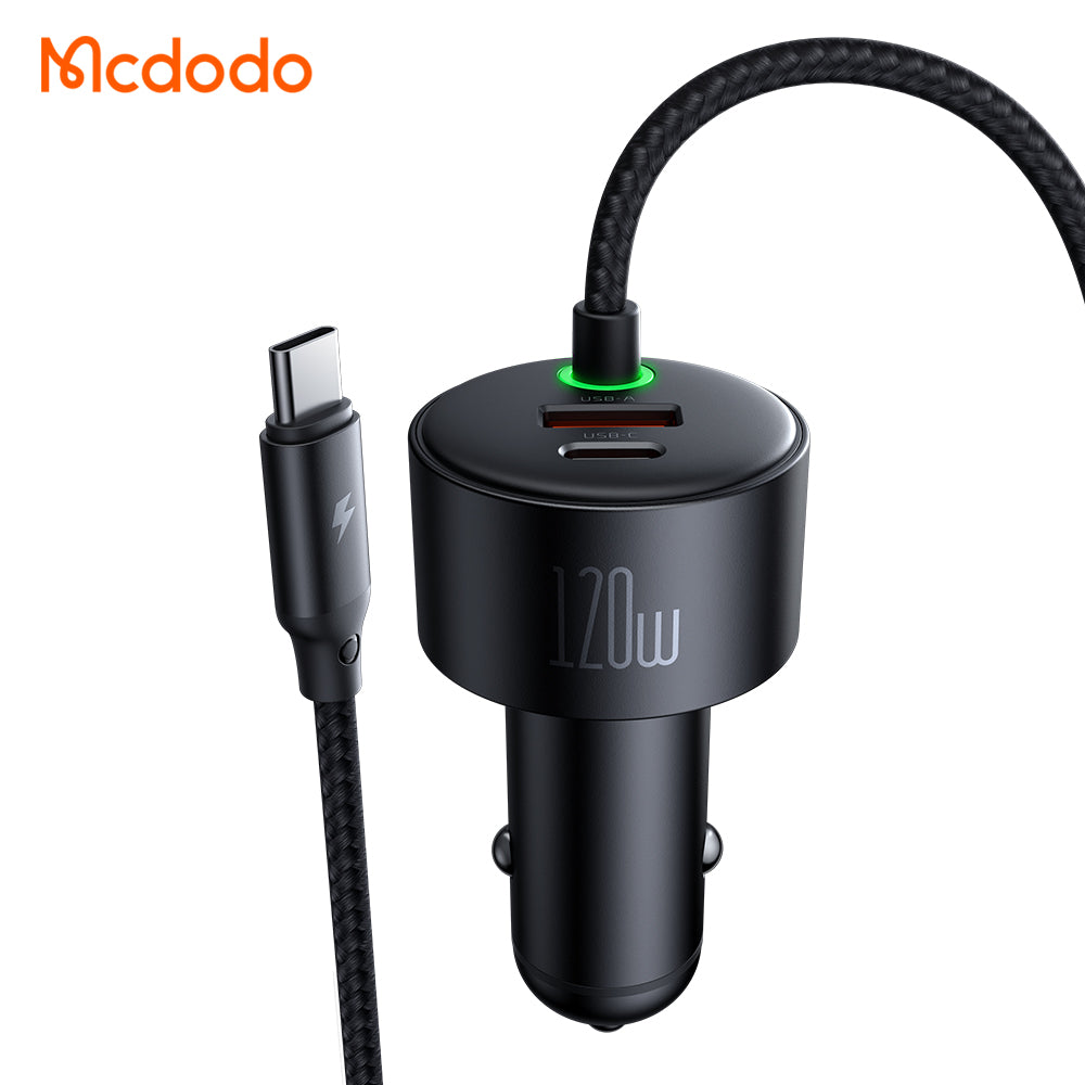 120W 1C+1A Car Charger with USB-C  and Lighting retractable cables