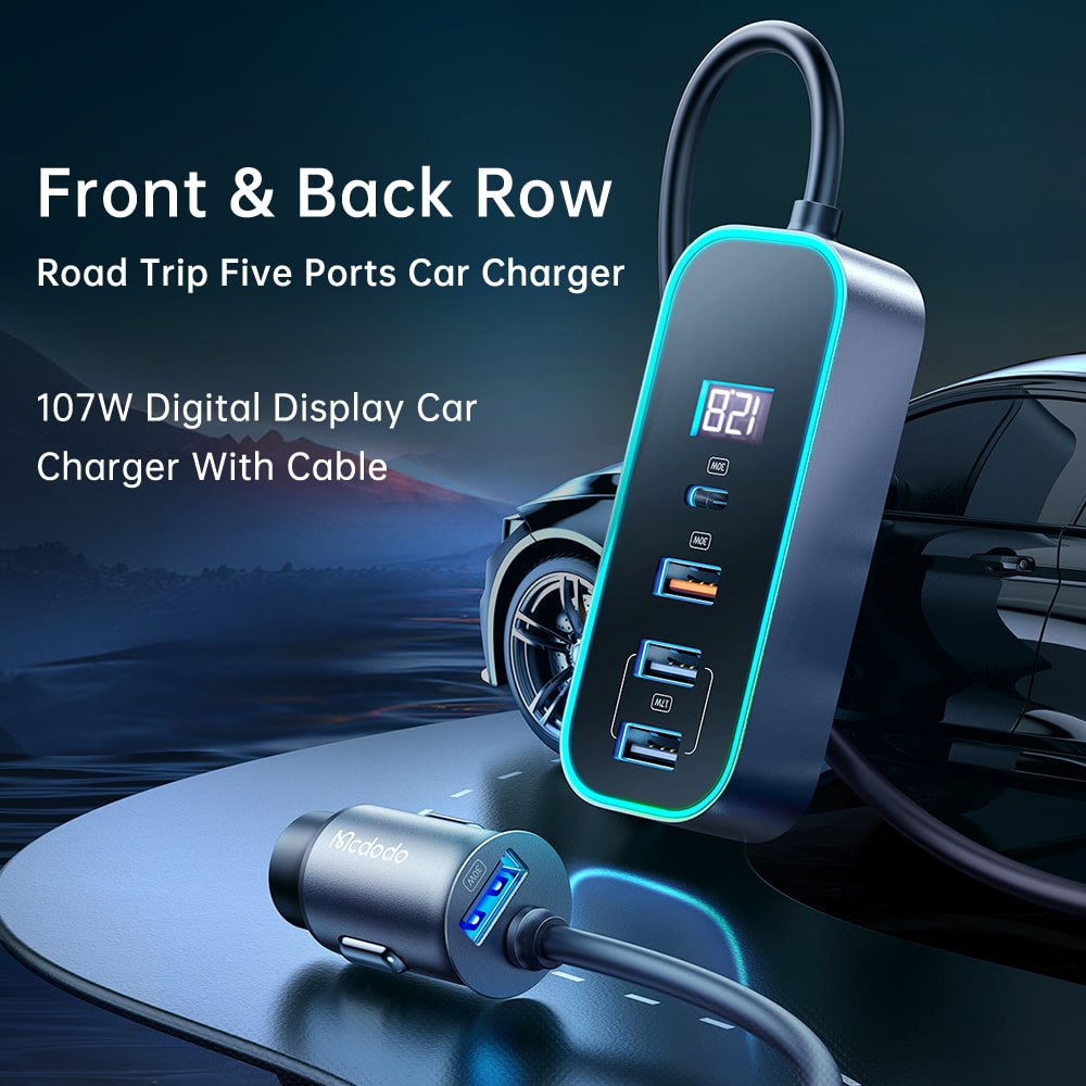 107W digital display car charger with extension cord (4 USB+1 C)