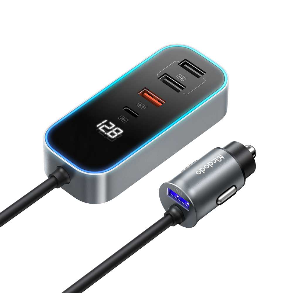 107W digital display car charger with extension cord (4 USB+1 C)