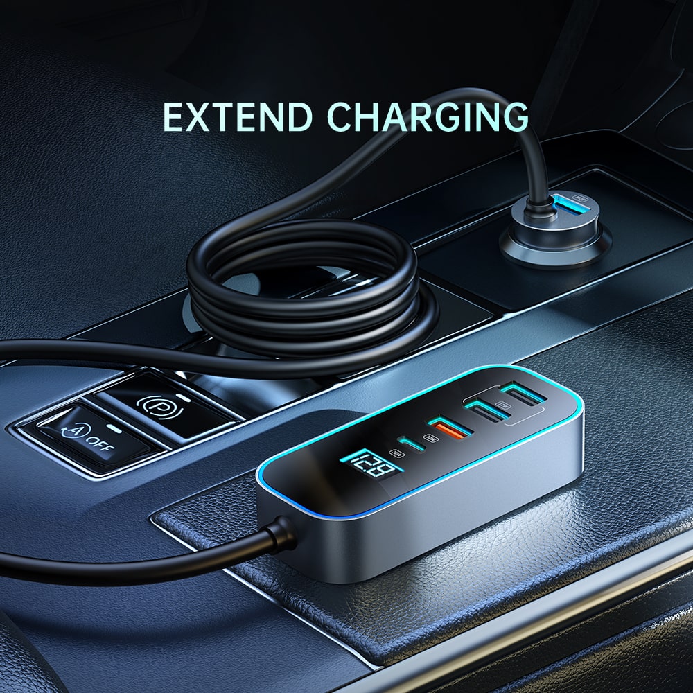 107W digital display car charger with extension cord (4 USB+1 C)