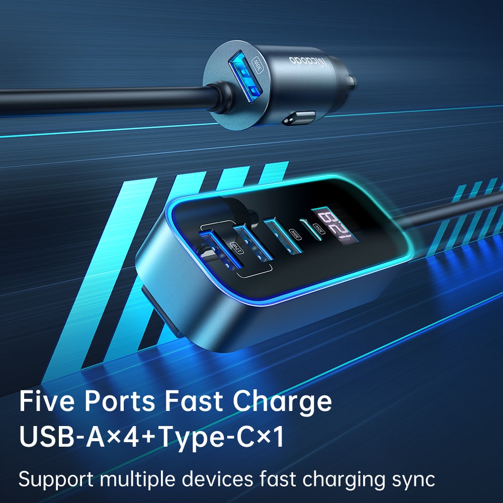 107W digital display car charger with extension cord (4 USB+1 C)