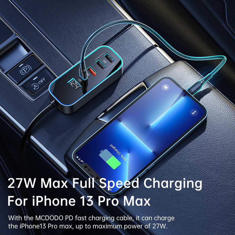 107W digital display car charger with extension cord (4 USB+1 C)