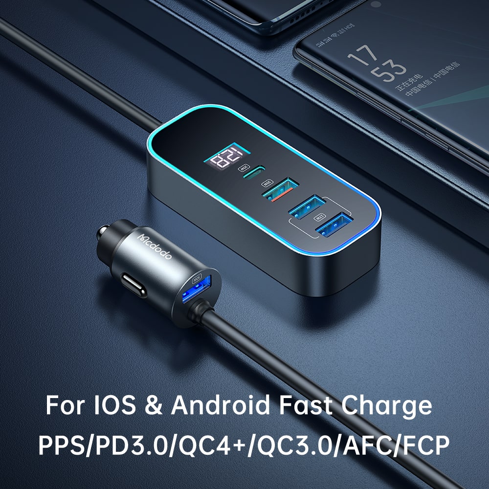 107W digital display car charger with extension cord (4 USB+1 C)