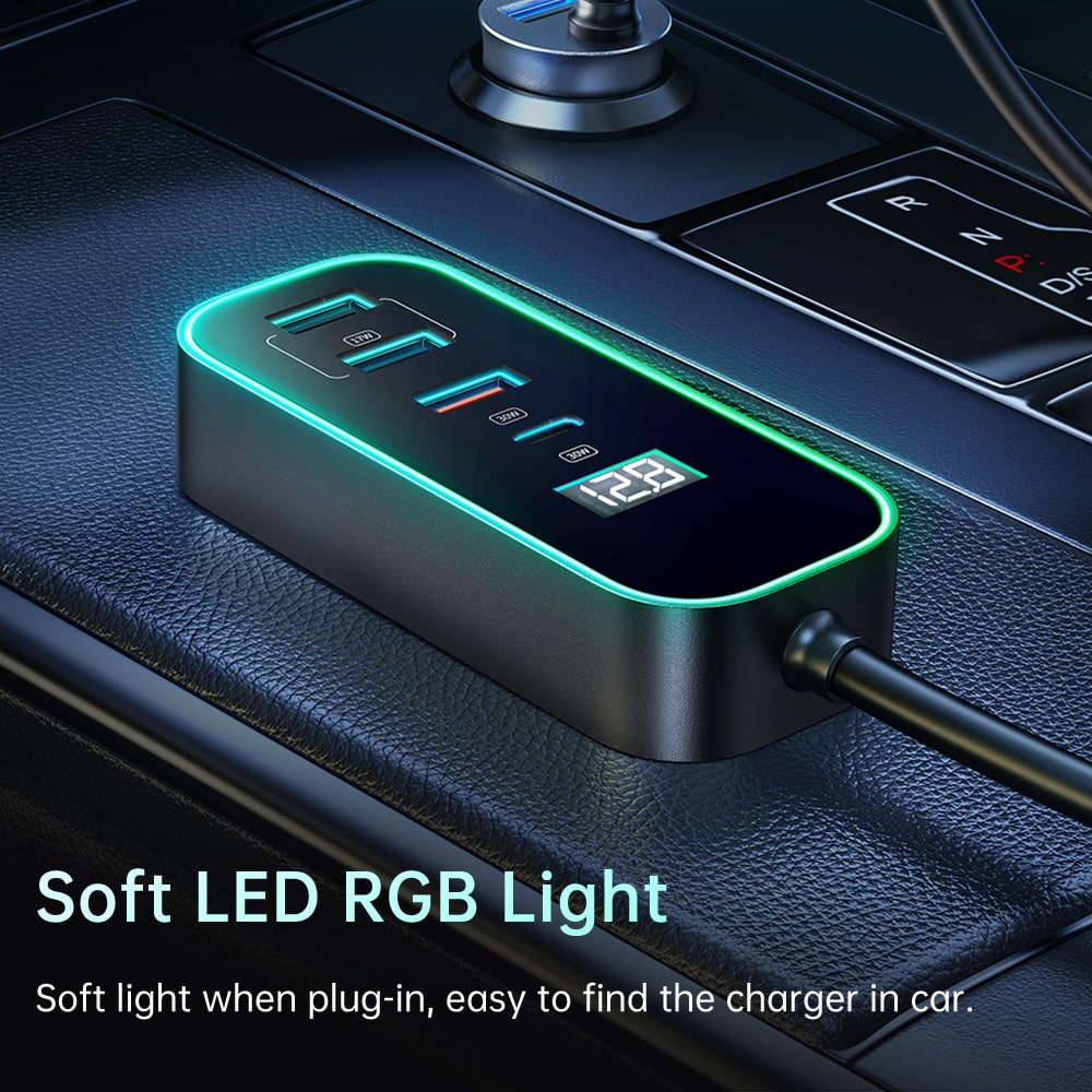107W digital display car charger with extension cord (4 USB+1 C)