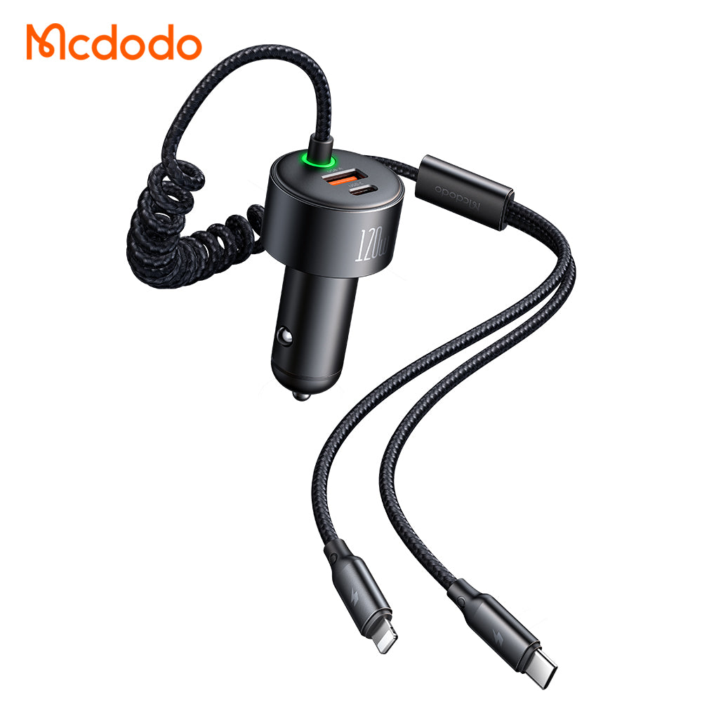 120W 1C+1A Car Charger with USB-C  and Lighting retractable cables