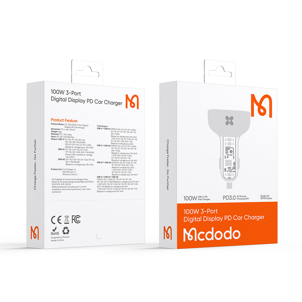 100W Digital Display 2C+1A PD Fast Car Charger