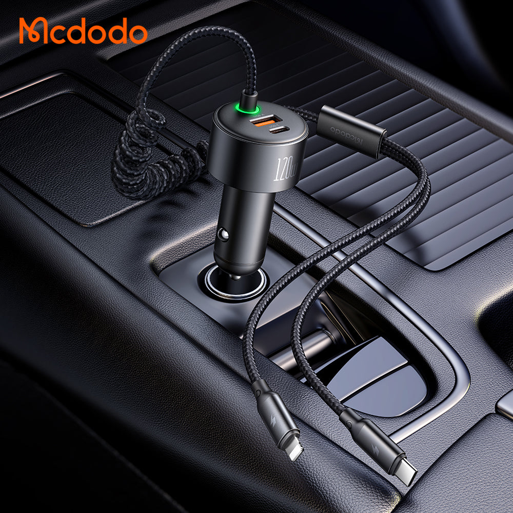 120W 1C+1A Car Charger with USB-C  and Lighting retractable cables