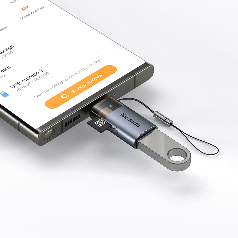 2-in-1 USB-A to USB-C Transfer Adapter  Built-in TF Card Reader with Lanyard