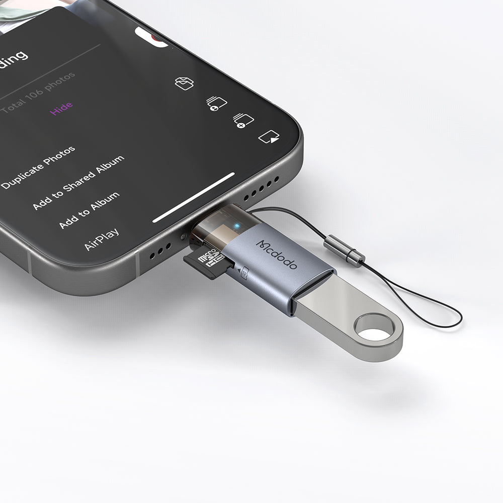 2-in-1 USB-A to Lightning Transfer  Adapter Built-in TF  Card Reader with Lanyard