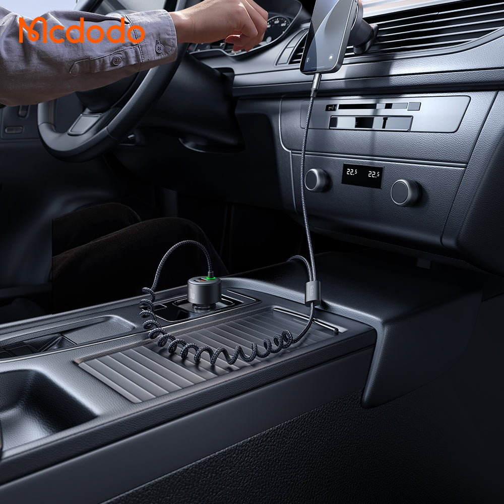 120W 1C+1A Car Charger with USB-C  and Lighting retractable cables