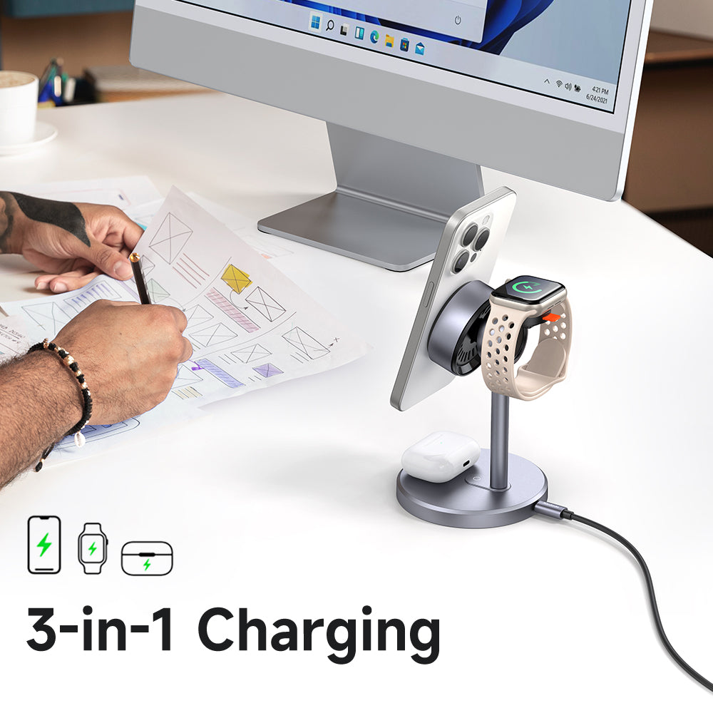 MagQ Qi2 Magnetic Wireless Charging Station 3-in-1 Stand with 33W charger