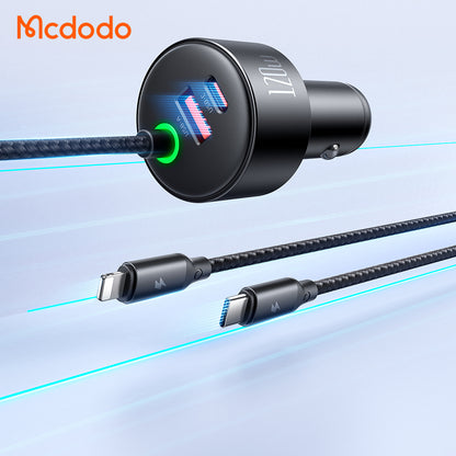 120W 1C+1A Car Charger with USB-C  and Lighting retractable cables