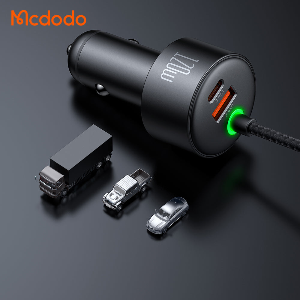 120W 1C+1A Car Charger with USB-C  and Lighting retractable cables