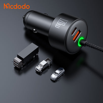 120W 1C+1A Car Charger with USB-C  and Lighting retractable cables