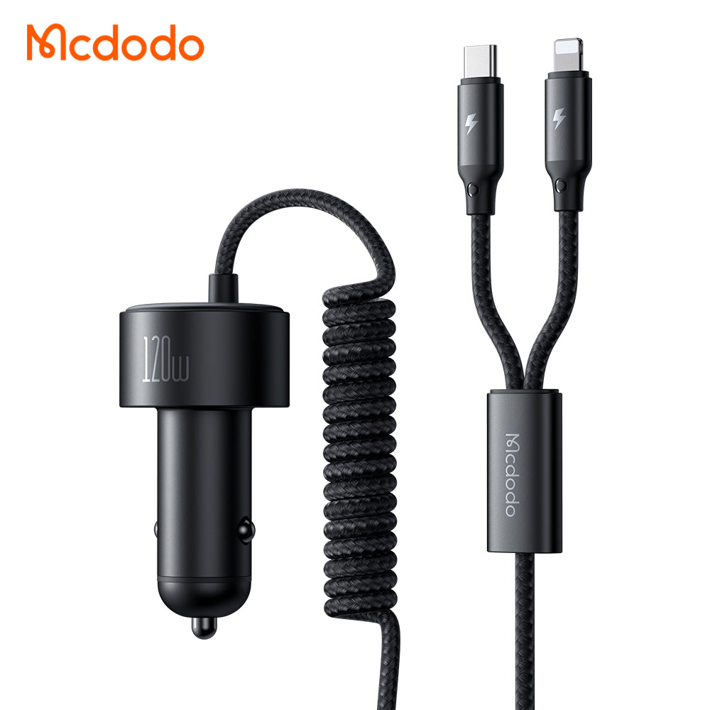 120W 1C+1A Car Charger with USB-C  and Lighting retractable cables