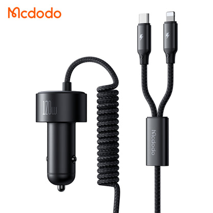 120W 1C+1A Car Charger with USB-C  and Lighting retractable cables