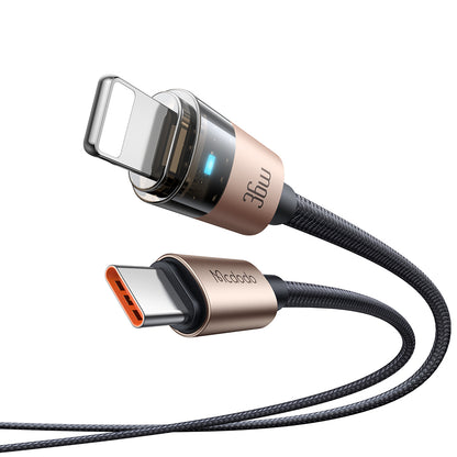 36W USB-C to Lightning  Transparent Cable with  Charging Light 1.2m