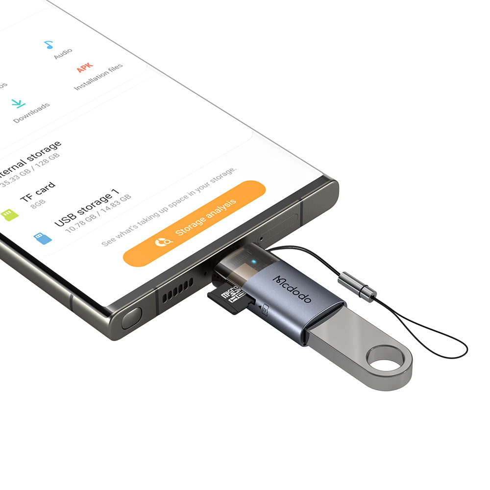 2-in-1 USB-A to USB-C Transfer Adapter  Built-in TF Card Reader with Lanyard