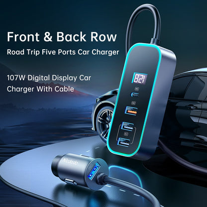 107W digital display car charger  with extension cord (4 USB+1 C)