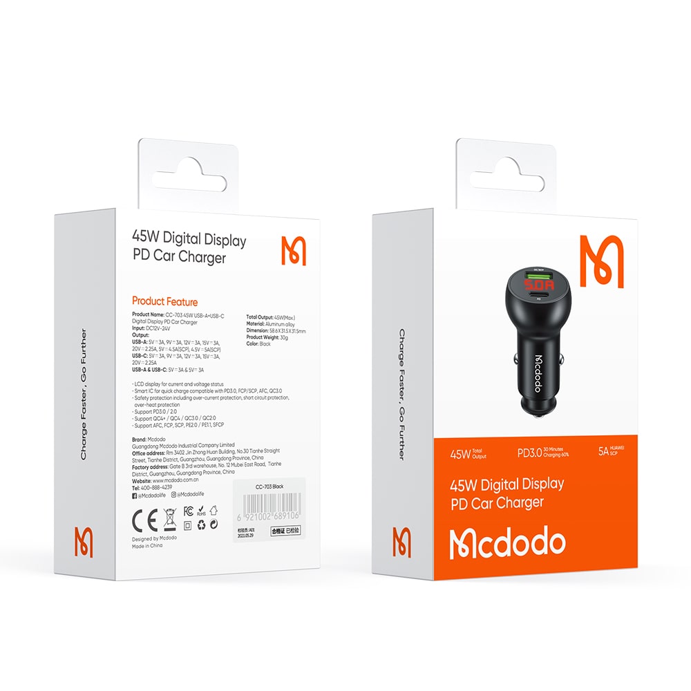 Mushrooms Series PD 45W Car Charger with Digital Display